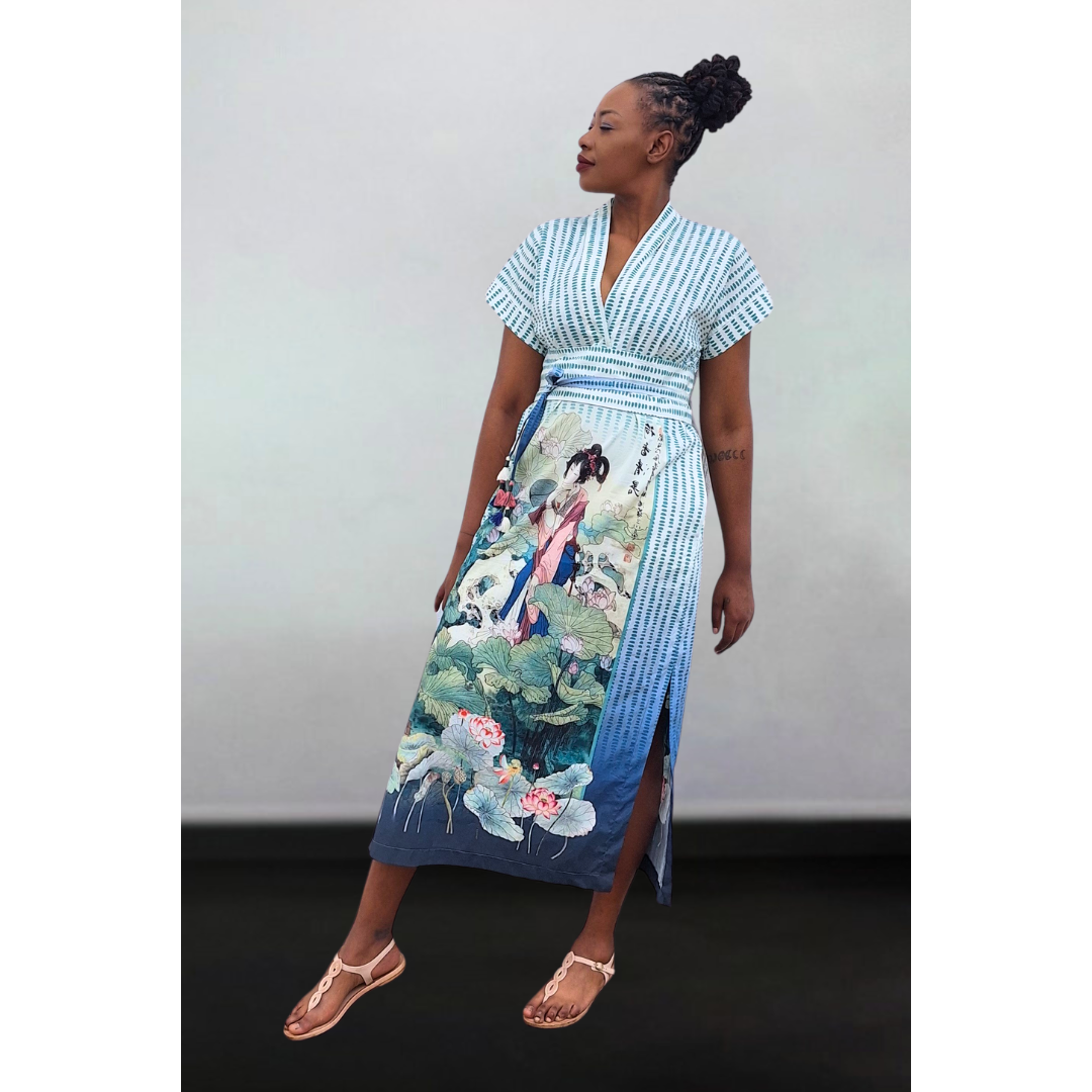 Ancient Beauty Teal Lotus Kimono Dress