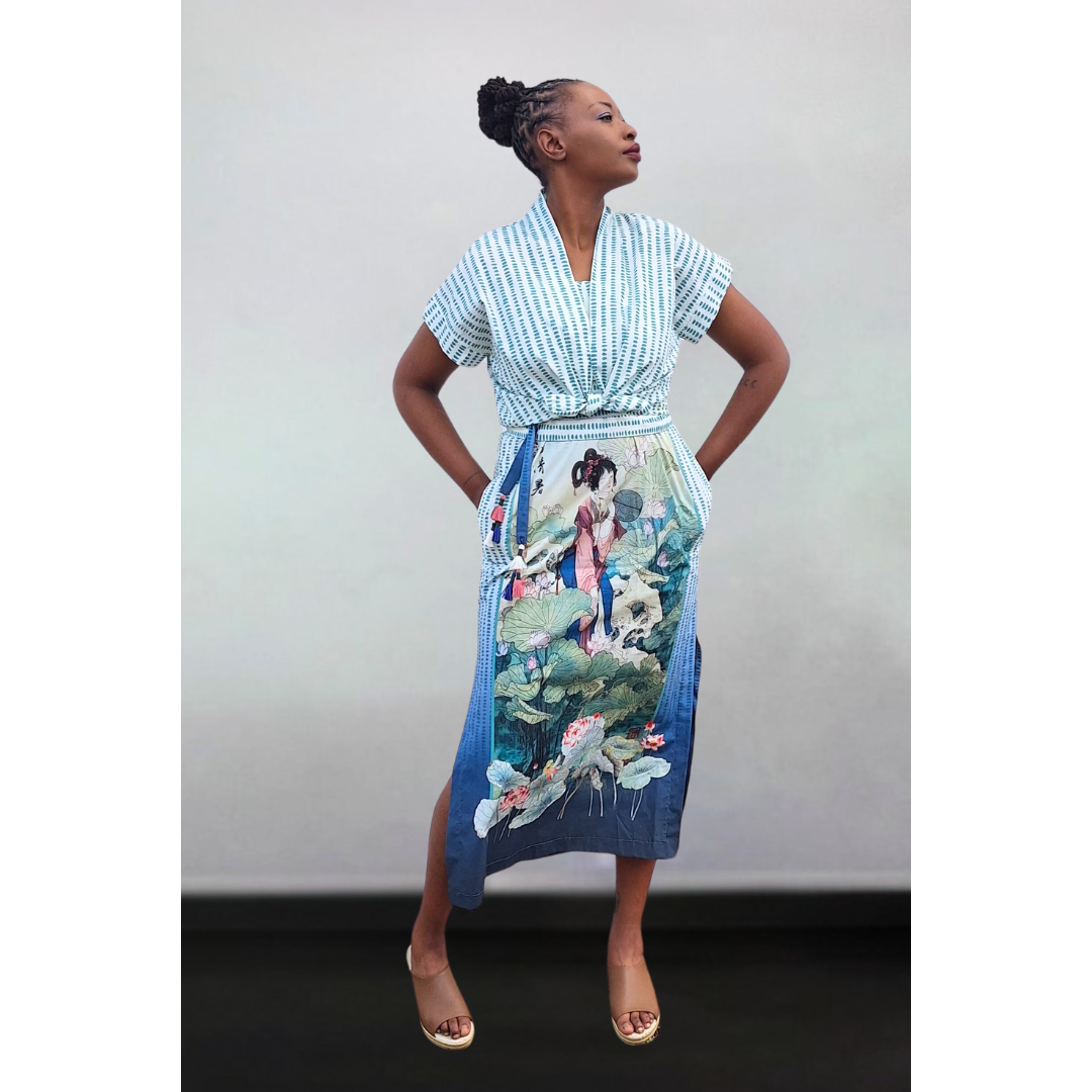 Ancient Beauty Teal Lotus Strapless Dress