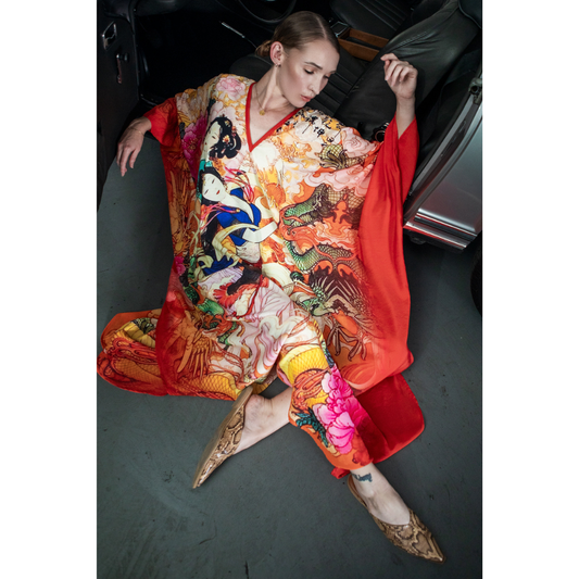 Ancient Beauty Red Dragon Kaftan Full V Neck