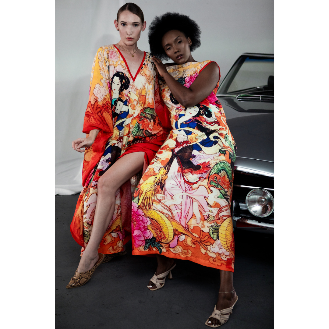 Ancient Beauty Red Dragon Kaftan Skinny Boatneck