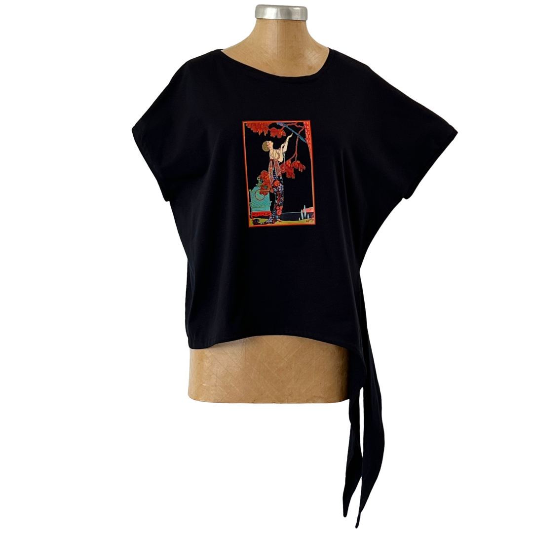 Cotton Black Tie Top Girl with Bird Cage