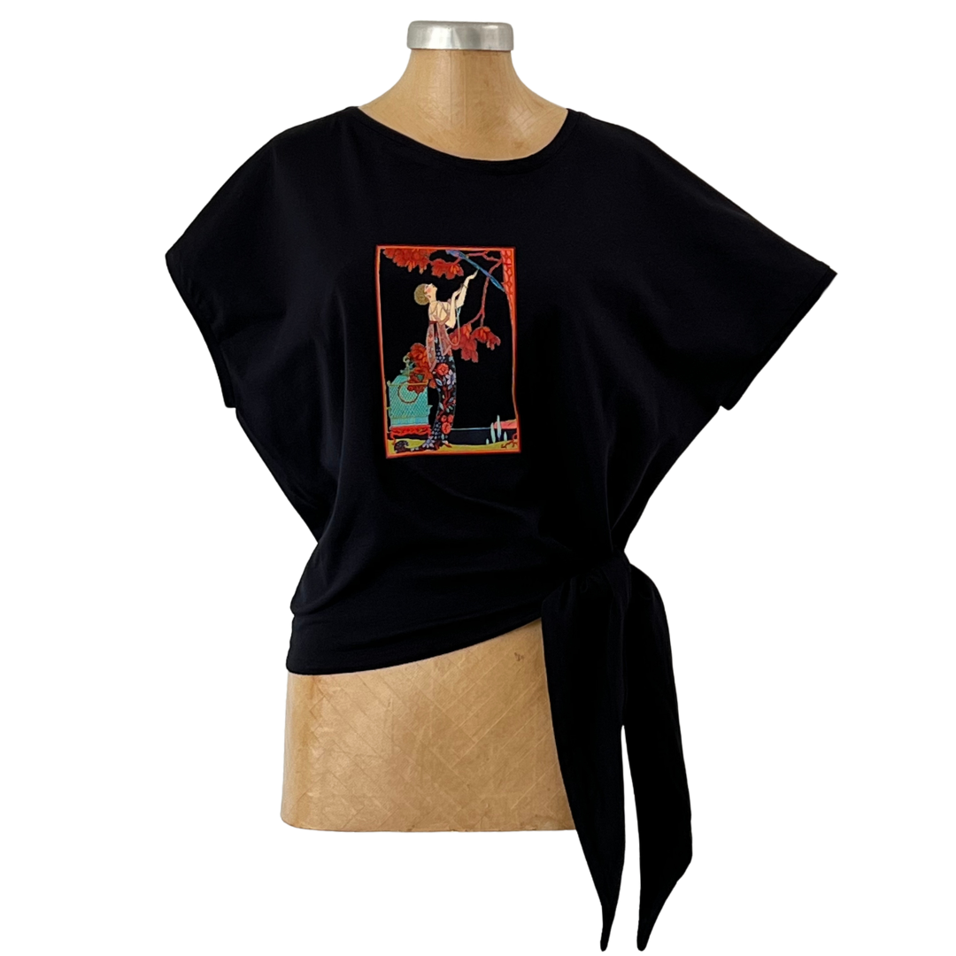 Cotton Black Tie Top Girl with Bird Cage