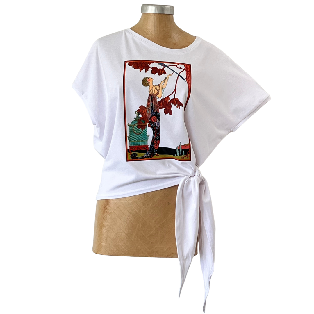 Cotton White Tie Top Girl with Bird Cage