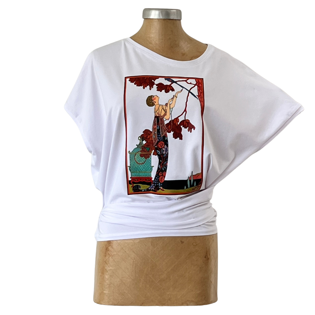 Cotton White Tie Top Girl with Bird Cage