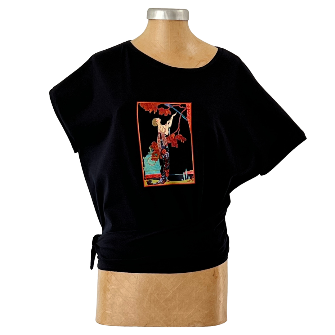 Cotton Black Tie Top Girl with Bird Cage