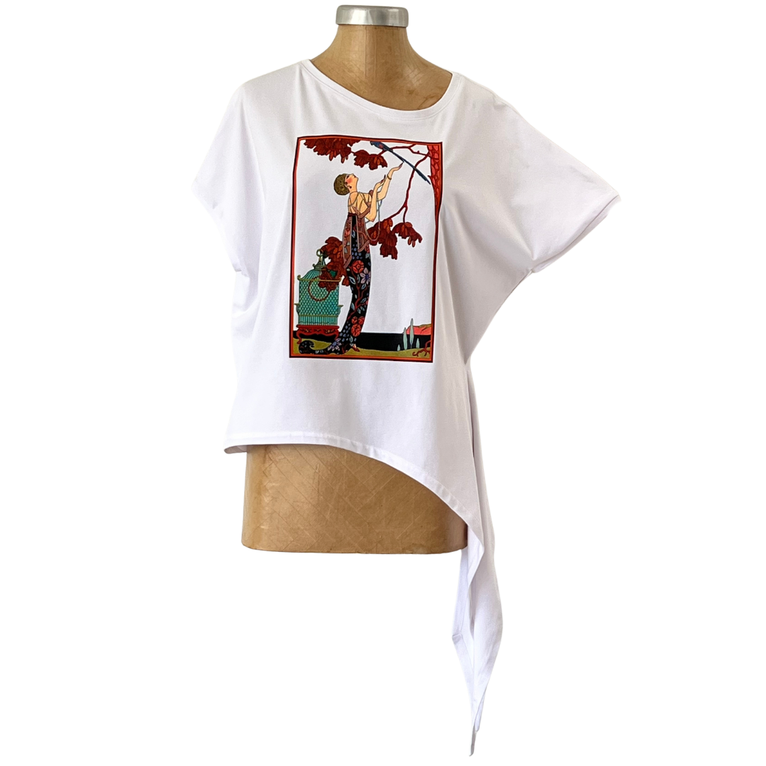 Cotton White Tie Top Girl with Bird Cage