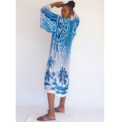 WS24 Jaguar with Palms in Blues Kimono Maxi