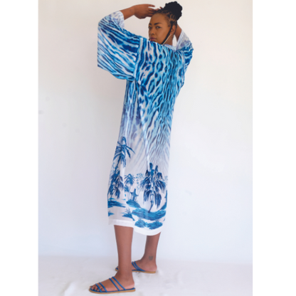 WS24 Jaguar with Palms in Blues Kimono Maxi