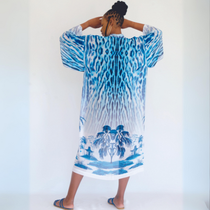 WS24 Jaguar with Palms in Blues Kimono Maxi