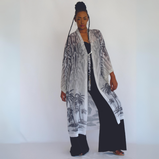 WS24 Jaguar with Palms in Greys Kimono Maxi