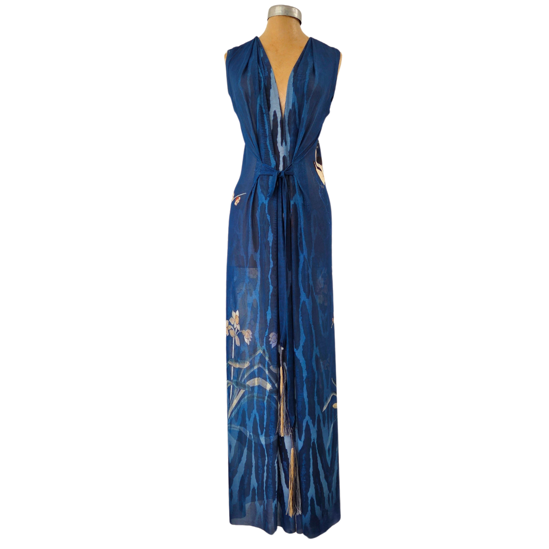 Mesh Tie Wrap Dress Sleeveless Birds with Orchids