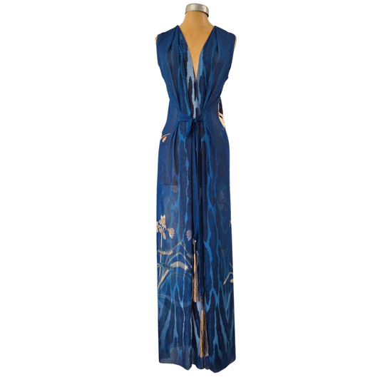 Mesh Tie Wrap Dress Sleeveless Birds with Orchids