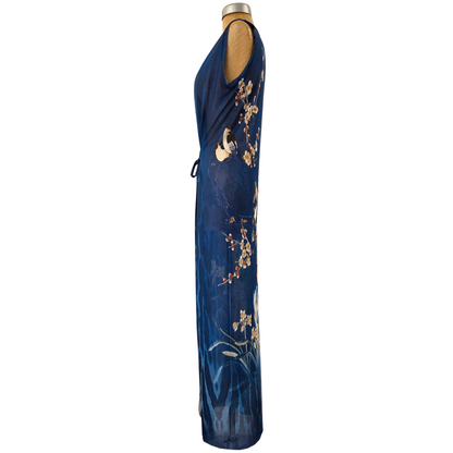 Mesh Tie Wrap Dress Sleeveless Birds with Orchids