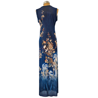 Mesh Tie Wrap Dress Sleeveless Birds with Orchids