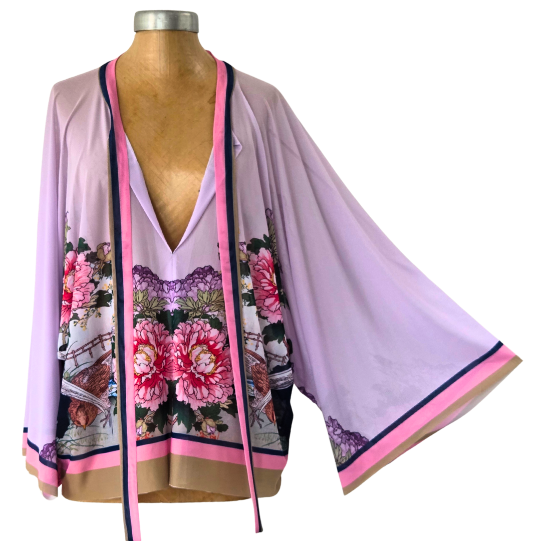 Mesh Closed Kimono Peony with Pheasant