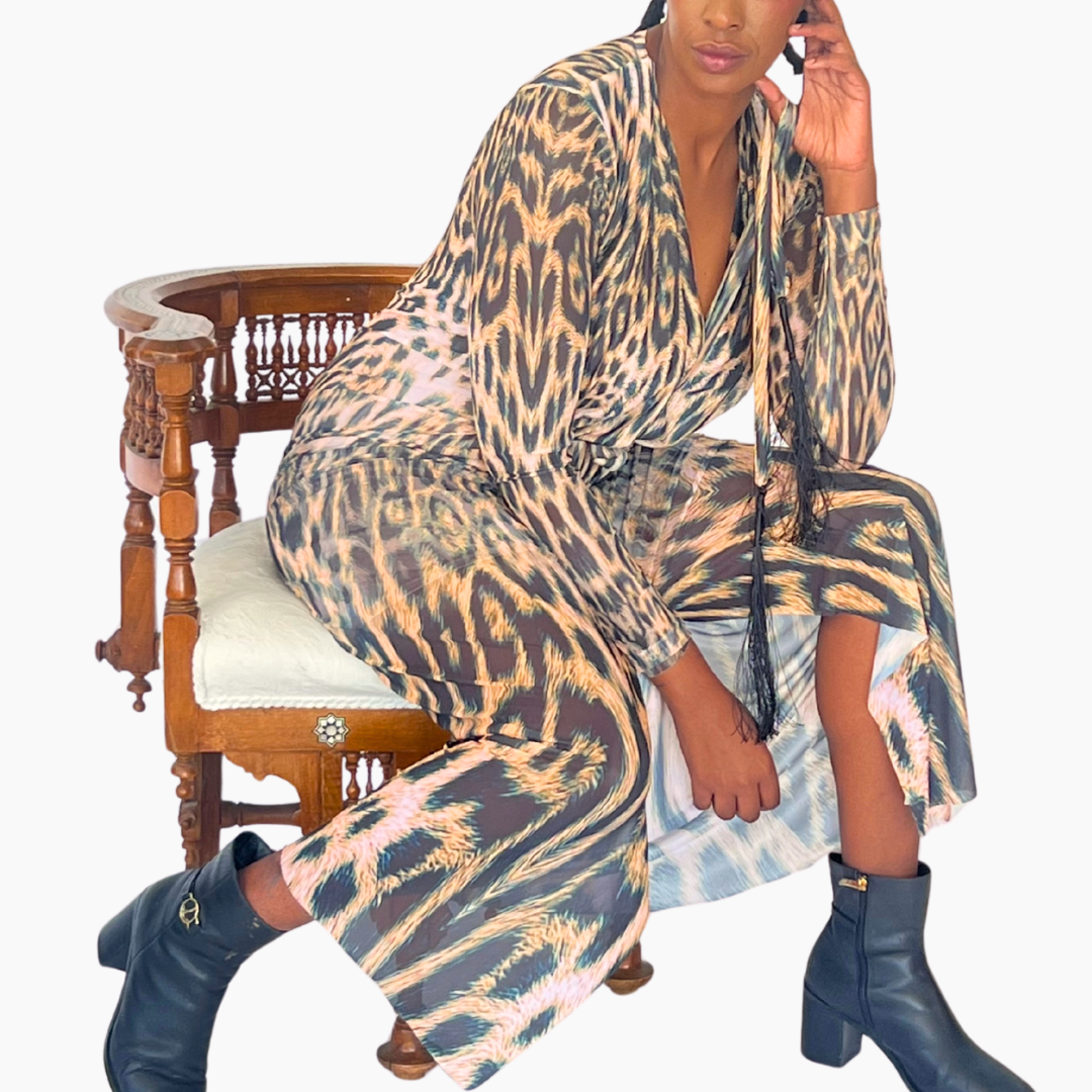 Mesh Tie Maxi Dress Leopard